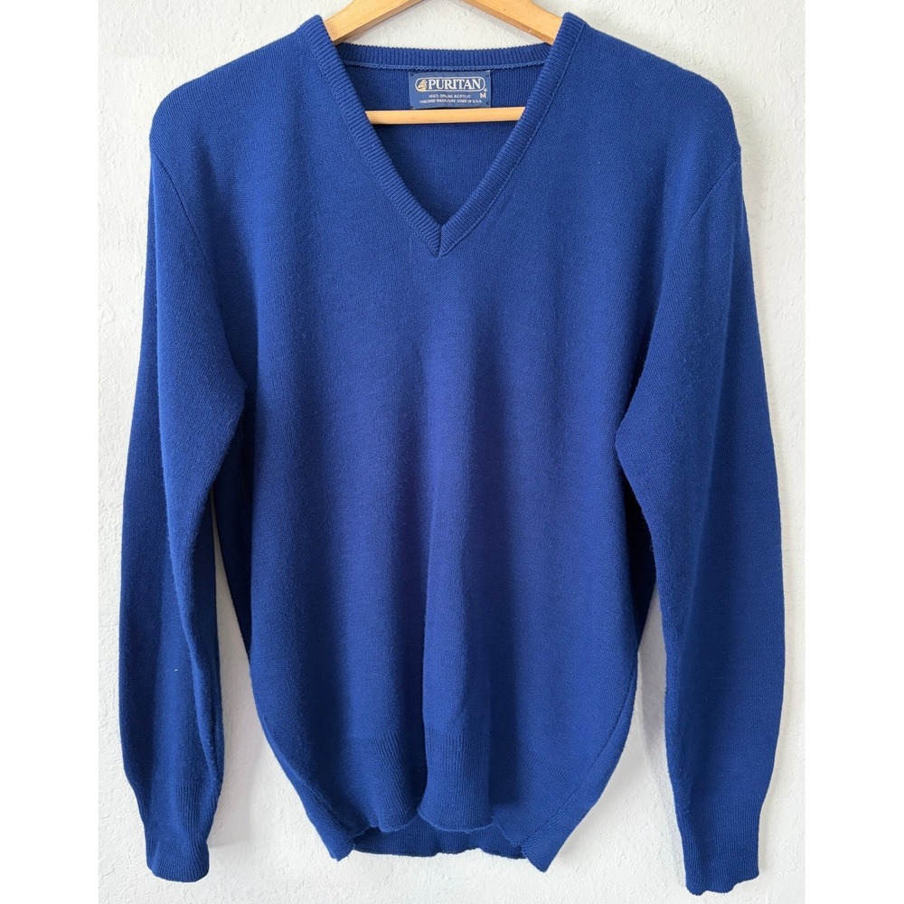 Puritan Mens Vintage Navy Blue V-Neck Sweater Size M Made in USA Acrylic Knit